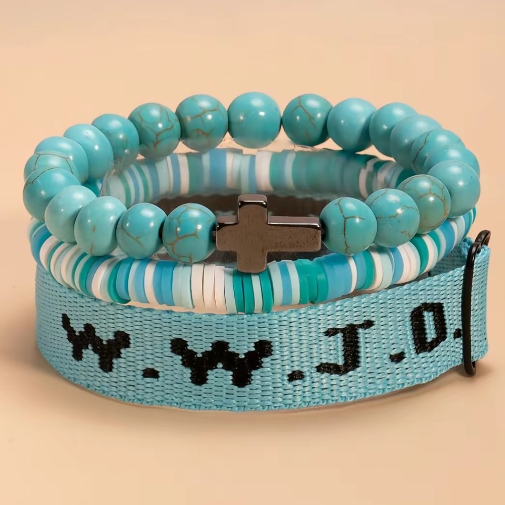 A89 3pc wwjd new bracelet set pick color beaded clay black pink blue red purple - Picture 4 of 6